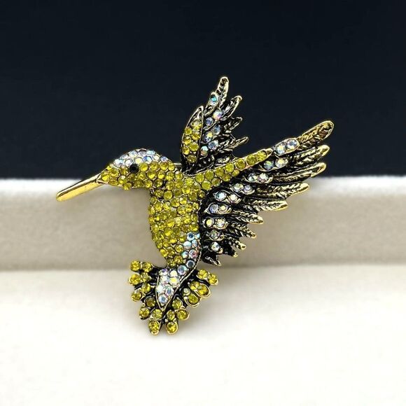 Yellow Gold with Yellow Citrine and White AB Crystal Hummingbird Pin Back Brooch - Picture 3 of 7